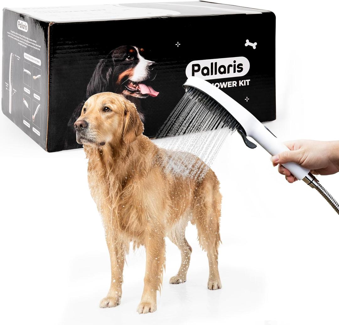 Dog Shower Attachment with 4 Spray Modes, 6.5ft Stainless Steel Hose & Metal Diverter  Easy-Install Kit with Grooming Gloves and Absorbent Microfiber Pet Towel  Indoor/Outdoor Use