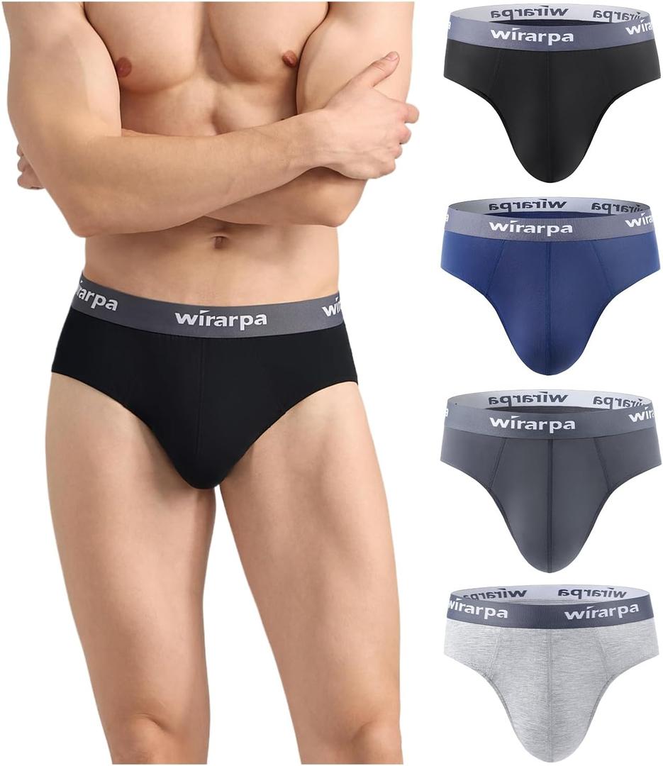 wirarpa Men's Underwear Modal No Fly Briefs Silky Comfortable Underpants 4 Pack (Large, Black/Deep Blue/Deep Grey/Heather Grey)