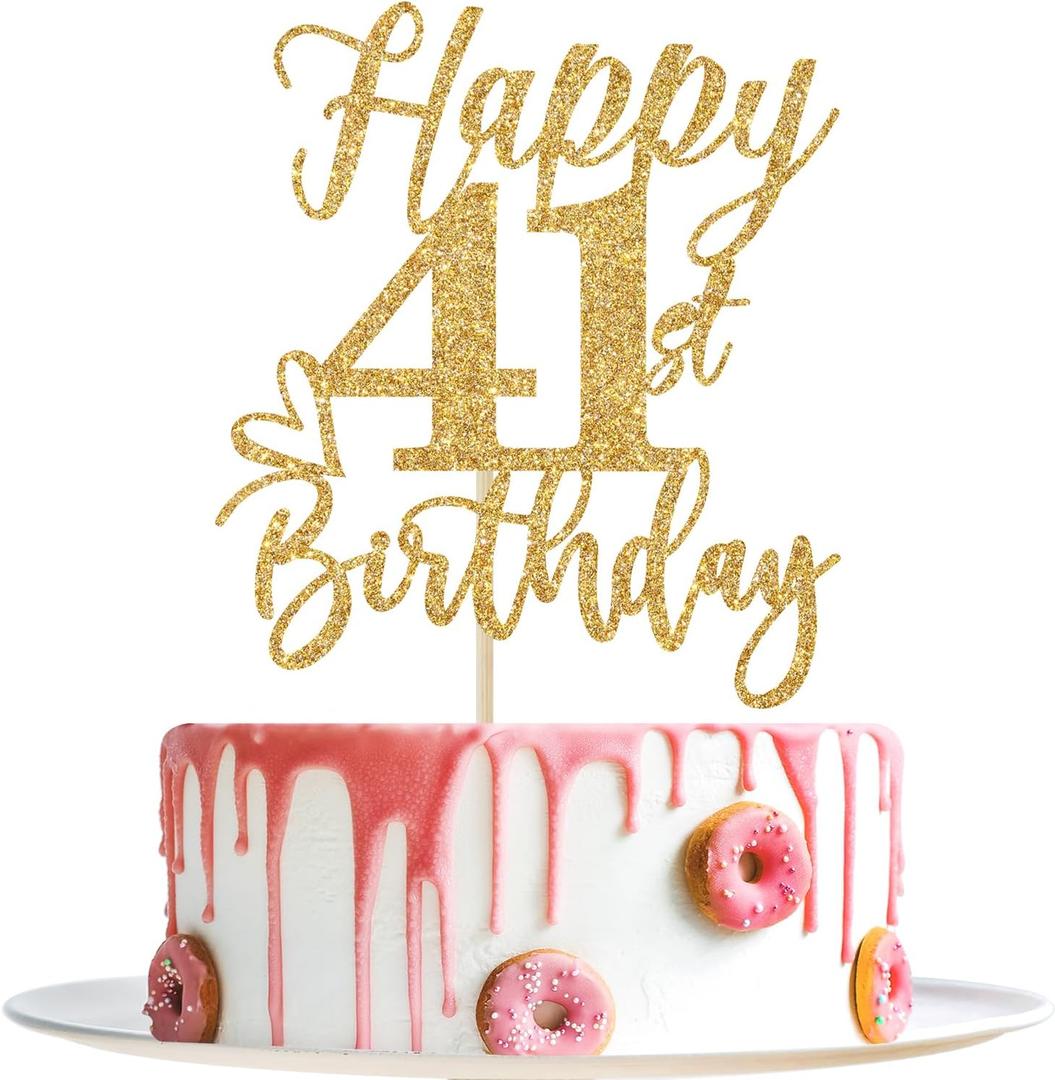 Happy 41st Birthday Cake Topper, 41st Birthday Decorations, Cheers to 41 Years, Hello 41, 41st Happy Birthday Party Supplies Gold Glitter