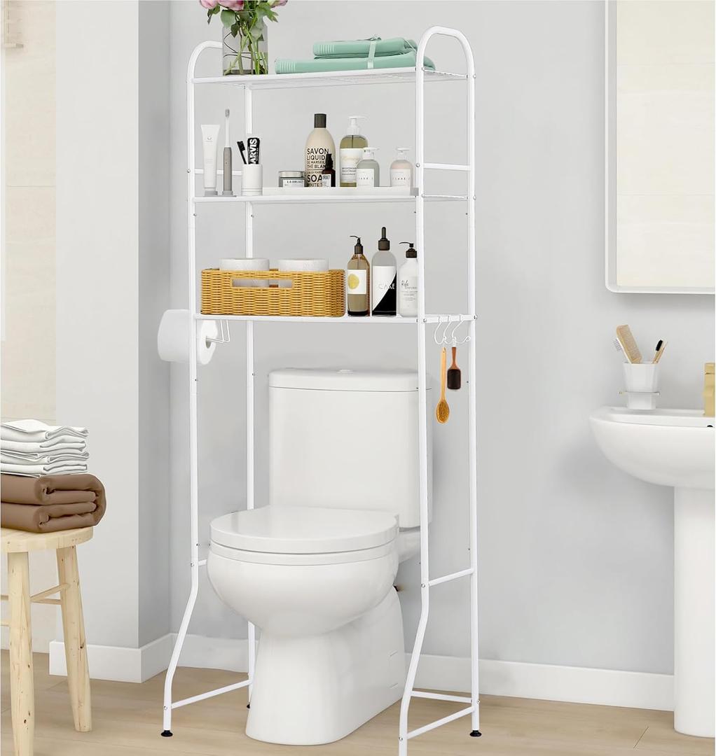 Bathroom Racks Over Toilet, Over The Toilet Shelf Organizer 3-Tier Space-Saving Freestanding Shelf with Roll Holder and 3 Hooks, Sturdy Rust-Resistant Design for Organization - White, 62" H