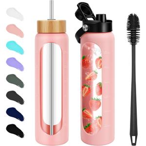 32 oz Glass Water Bottles - 1 Liter Motivational Tumbler Water Bottle Time Marker - Borosilicate Glass Water Bottle With Silicone Sleeve and 2 Lids, Handle Spout & Bamboo Straw Lid (Pink)