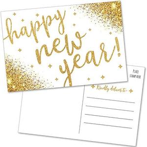 Pack of 2 T MARIE 50 Happy New Year Postcards - Faux Gold Confetti Post Cards Set for New Year’s Day 2025-2026 Bulk Thank You Notes for Family, Business, Clients, New Years Eve Party Invitations and More