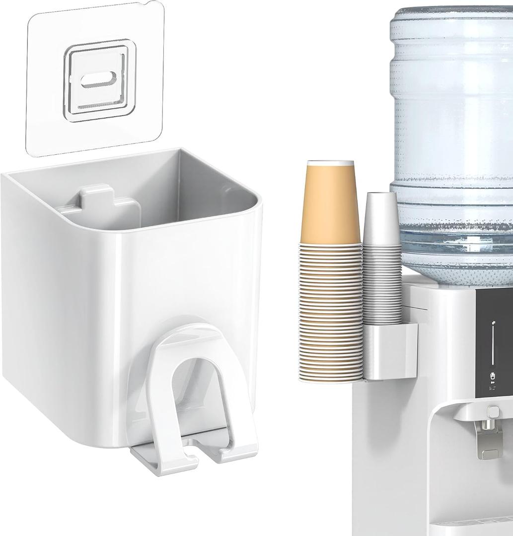 Cup Dispenser 2 Seats, Holder for 2-16 OZ Paper & Plastic Disposable Cups, Adhesive Cup Dispenser Wall Mount for Water Cooler, Coffee Station, Office, Bathroom, Wall (White)