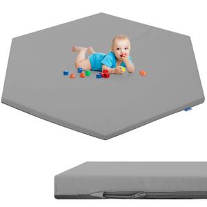 Baby Hexagon Play Mat 52" X 45",Premium Foam Crawling Mat, Thick & Super Soft Vegan Leather Floor Mat,Non-Slip Cushioned Baby Playmat for Infants, Babies, Toddlers(Dark Gray) (PU Grey 52x45 in, PU Grey 52x45 in)