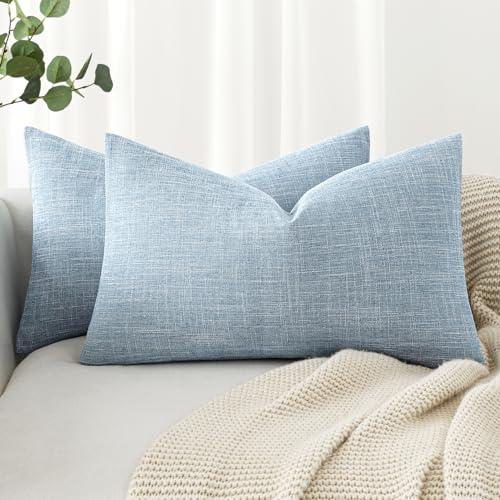 MIULEE Pack of 2 Decorative Linen Burlap Textured Pillow Covers Farmhouse Boho Accent Lumbar Pillowcases Spring Coastal Home Decor for Couch Sofa Bedroom Living Room 12x20 Inch Light Blue
