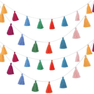 4 Pcs Rainbow Tassel Garland Party Decor, Colorful Boho Wall Hanging Banner for Birthday Birthday Wedding Baby Shower Party, Classroom, Bedroom, Nursery Home Decor(Multicolor,3.15 Inch) (Sweet Pink, Fresh Blue, Bright Orange, Yellow)