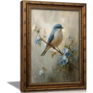 Gold Framed Bird Canvas Wall Art Vintage Blue Sparrow Painting Picture Wall Decor Pictures Sparrow on Branch Poster Print Artwork for Corridor Classroom Bedroom Kitchen Home Decoration, 24"L x 16"W