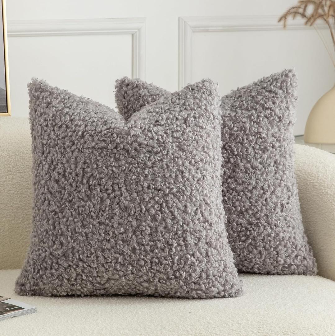 Pack of 2 Curly Teddy Wool Faux Fur Throw Pillow Covers Fuzzy Accent Soft Sherpa Pillowcases Sheepskin Fleece Decorative Cushion Case for Sofa Couch Living Room 22x22 Inch Light Grey