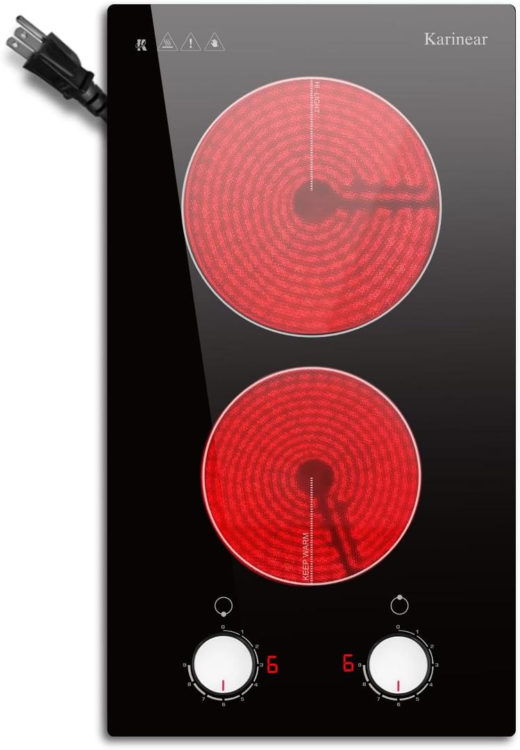 Karinear 110V Electric Cooktop 2 Burners Electric Stove 12 Inch Knob Control Countertop & Built-in Ceramic Cooktop, 9 Heating Level, Hot Warning, Over-Temperature Protection(White Knob)