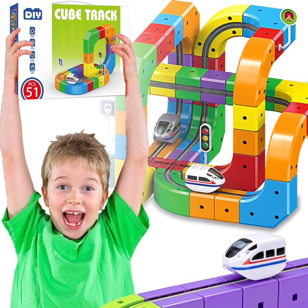 Electric Train Tracks Set for Kids Ages 38,3D Anti Gravity Flexible Race Tracks Building Toy with Motorized Train and Traffic Signs, STEM Building Learning Toy for Kids
