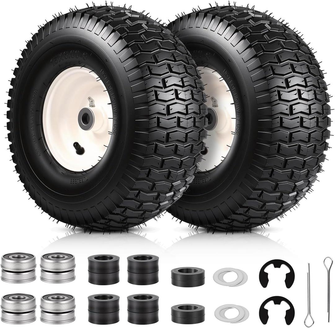 2Pack 15x6.00-6 Tire and Wheel Assembly, Replacement for Craftsman John Deere Cub Cadet Riding Mowers, 4 Ply Tubeless Lawn Mower Tires 15x6x6, 3" Centered Hub, 3/4" Bushing