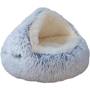 Calming Round Dog Bed & Cat Cave with Hooded Cover, Plush Fluffy Anti-Anxiety Bed, Waterproof Bottom Washable (Grey, 20x20inch)