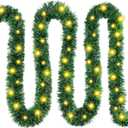 39.4FT Pre-lit Christmas Garland with Lights, 150 Warm Artificial Lighted Tinsel Pine Garlands for Decoration Christmas Xmas Winter Garland for Mantle Door Stairs Party Indoor Outdoor Home Decor