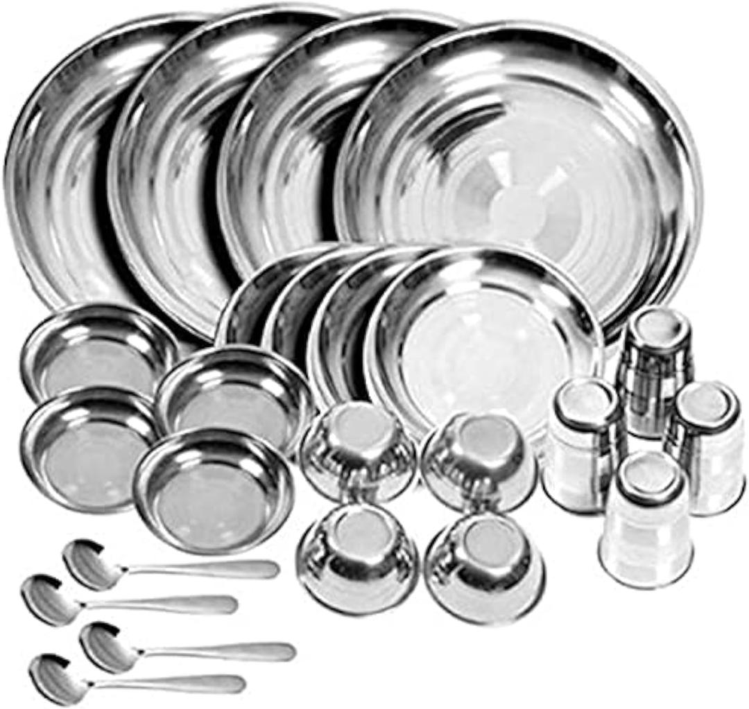 Stainless Steel Dinner Set of 24 Pieces (Glass, Curry Bowl, Desert Bowl, Spoon, Quarter Plate and Full Plate)