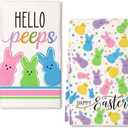 Colorful Bunny Happy Easter Kitchen Towels Set of 2,Hello Peeps Rabbits Dish Hand Towels Farmhouse Indoor Outdoor Holiday Seasonal Decorations DD079 (Yellow)