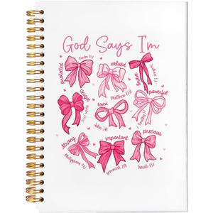 God Says I Am Christian Notebook, Coquette Pink Bow Bible Notebooks for Note Taking, Scripture Journals Journaling for Writing, Prayer Journal for Woman, Preppy Spiral Notebook 5.5x8.3 Inch