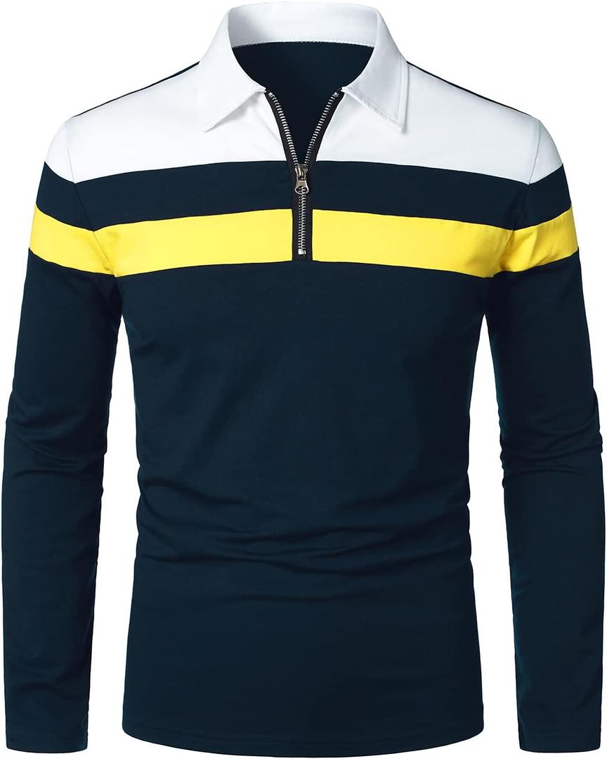 HOOD CREW Men’s Long Sleeve Polo Shirt Casual Slim Fit Shirts Contrast Color Patchwork T Shirts Cotton Tops (XL)