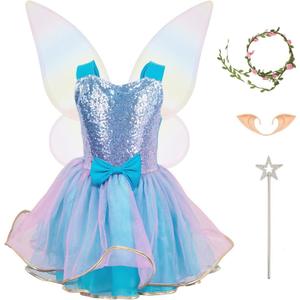Fairy Costume Dress for Girls 3-10, Fairy Princess Pink Tutu Outfits Butterfly Wings Wand Headband Halloween Gifts