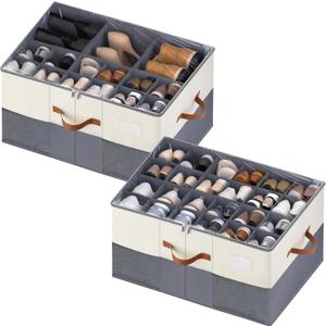Shoe Organizer for Closet, 2 Pack Shoe Storage Containers with Adjustable Dividers, Space Saving Shoe Box Storage Organizers Bins with Clear Lid & 4 Handles, Fits 24-48 Pairs, Beige & Grey