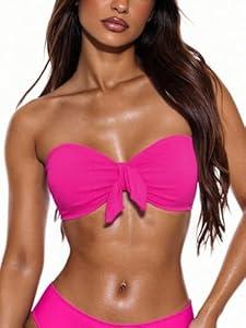 MakeMeChic Women's Bandeau Bikini Top Knot Front Strapless Swimsuit Bathing Tops Hot Pink Large
