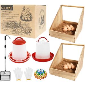 61pcs Novice Home Chicken Farming Set, 2 Pieces Nesting Boxes for Chickens, Coop Scoop for Sand, Chick Feeder and Waterer Set, 6pcs Wooden Eggs for Chicken Coop, 50Pieces Chicken Leg Bands Multicolor