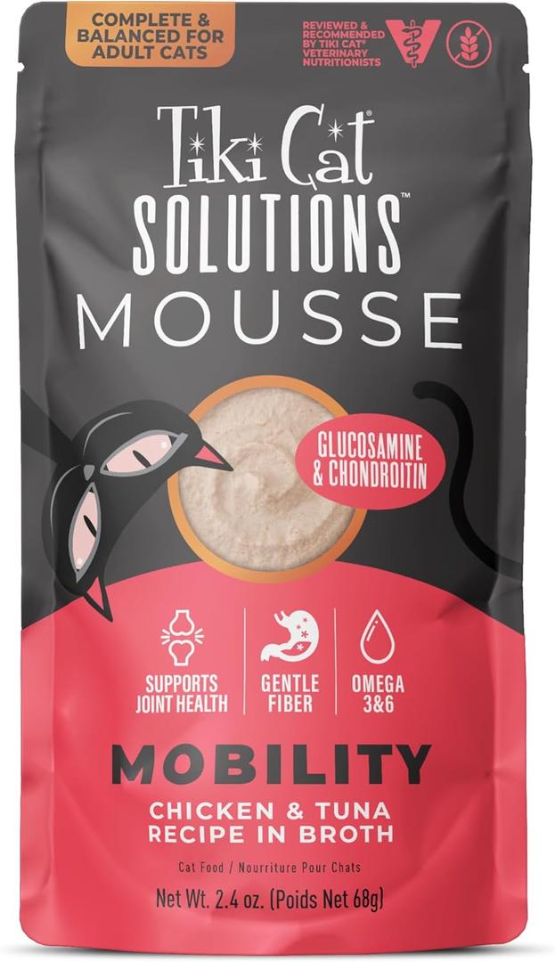 Tiki Cat Solutions Mobility Mousse, Chicken & Tuna Recipe in Broth, Formulated to Support Healthy Joints, Functional Wet Cat Food, 2.4 oz. Pouch (12 Count)(BB: 06/07/2026)
