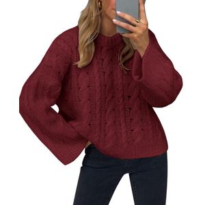 SYNEELIFE Women’s Cable Knit Sweaters Oversized Crewneck Winter Knit Pullover Y2k Chunky Cozy Sweater Burgundy M (Red)