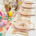 GATHER 175Pcs Easter Plastic Plates - Pink Plastic Dinnerware Set with Gold Bunny Includes 25 Dinner Plate and 25 Dessert Plate, 75 Silverware, 25 Cups, 25 Napkins for Easter Party