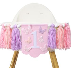 Butterfly 1st Birthday High Chair Banner - Fairy Pink and Purple Tassel, Spring Decoration for Girls (Highchair Banner)