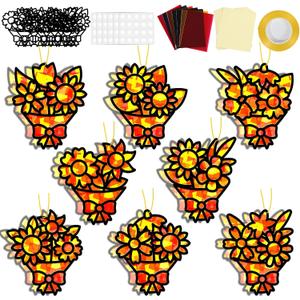 QOUBAI 32 Sets Fall Bouquet Suncatchers Craft Kit DIY Window Stained Glass Effect Autumn Bouquet Paper Crafts Home School Classroom Decoration Kid Birthday Gift Creative Art Project Activity Game