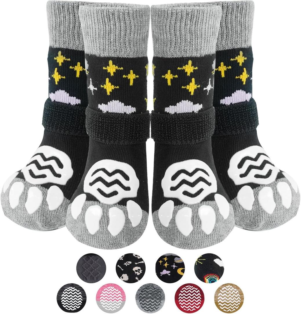 PUPTECK Anti Slip Dog Socks 2 Pairs with Double Grippers for Hardwood Floors, Shoes for Hot/Cold Pavement, Boots & Paws Protectors to Prevent Licking, Traction Booties for Senior Small Large Dogs (Black(Moon Star))