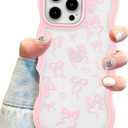 Aitipy for iPhone 13 Pro Max Case, Wavy Frame Cute Ribbon Bowknot Pattern Aesthetic Transparent Back Soft TPU Shockproof Phone Case for Women Girls, Pink