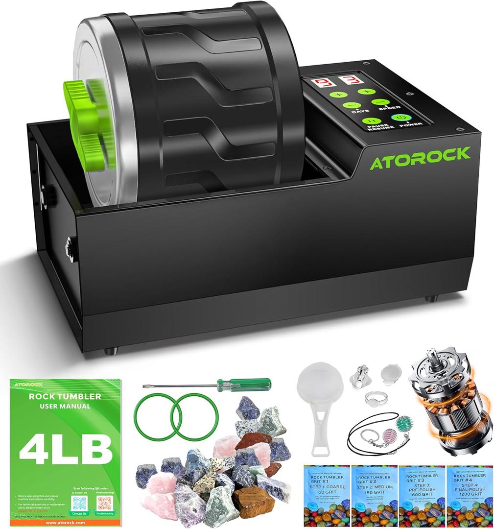 A1 Professional Rock Tumbler Kit, 4LB Extra-Large Barrel with Cutting-Edge Brushless Motor, Adjustable Speed & Timer, Durable Metal Base for Adults & Rock Collectors – Includes Full Accessories