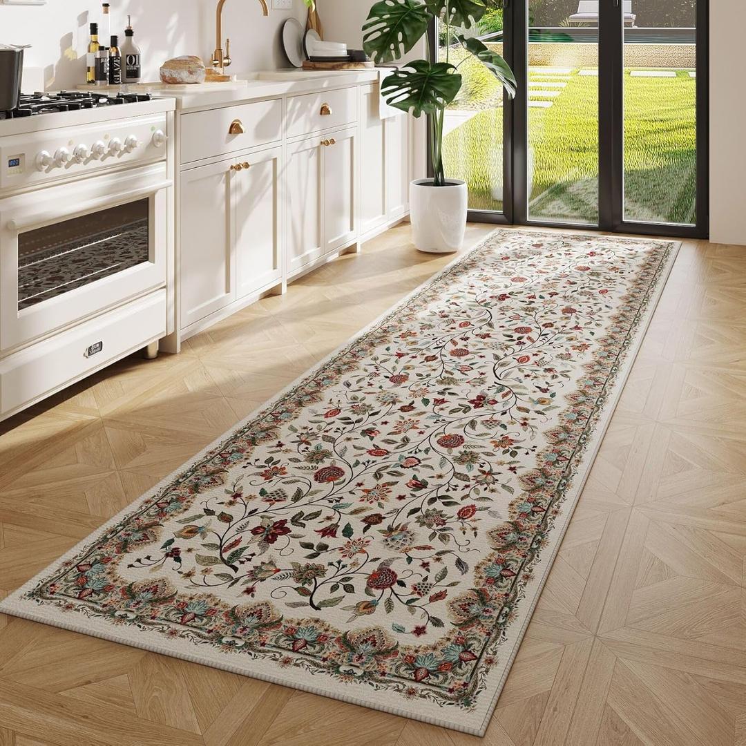 Rugcomf Vintage Paisley Kitchen Runner Rug 2'x6' - Machine Washable, Non-Slip Low Pile Floral Carpet for Laundry, Bedroom, Bathroom - Beige
