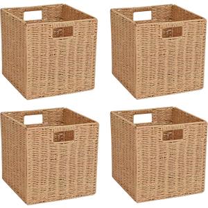Foldable Wicker Storage Baskets,Paper Rope Square Storage Cubes,Wicker Basket for Organizing Shelves Living Room Bedroom Pantry, Set of 4 Baskets,11''x11''x11''