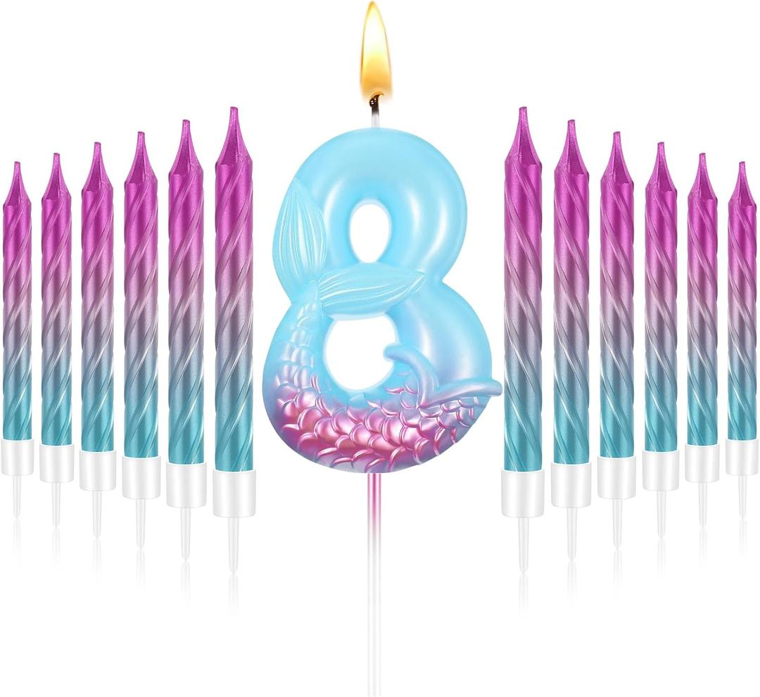 MTLEE Number 8 Mermaid Birthday Candle for Cake with 12 Purple Blue and Pink Spiral Rainbow Candles for Girls, Birthday Anniversary Cake Topper Mermaid Theme Party Decors Supplies