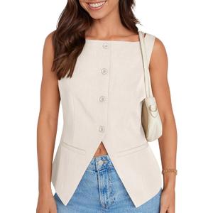 UEU Womens Vest Top 4 Button Sleeveless Boat Neck Fully Lined 2025 Trendy Dressy Business Work Blazer Suit Waistcoat (Large, White)