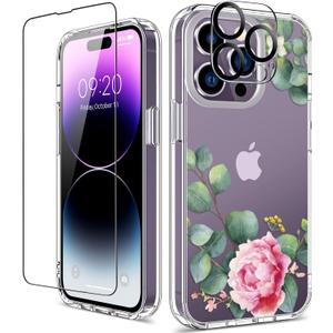 GiiKa for iPhone 14 Pro Case with Screen Protector, 6.1" Clear Full Body Shockproof Protective Floral Girls Women Hard Case with TPU Bumper Cover Phone Case for iPhone 14 Pro, Camellia