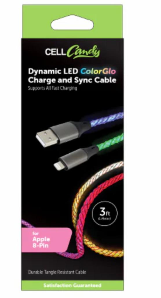 Cell Candy Dynamic LED ColorGlo Charge and Sync Cable.
Type: USB-C to USB-C cable 
Features: Supports all fast charging, durable, tangle-resistant, and features LED ColorGlo 
Length: 3 feet (1 meter)