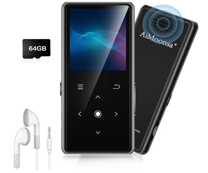 64GB MP3 Player with Bluetooth 5.2, AiMoonsa Music Player with Builtin HD Speaker, FM Radio, Voice Recorder, HiFi Sound, EBook, Earphones Included