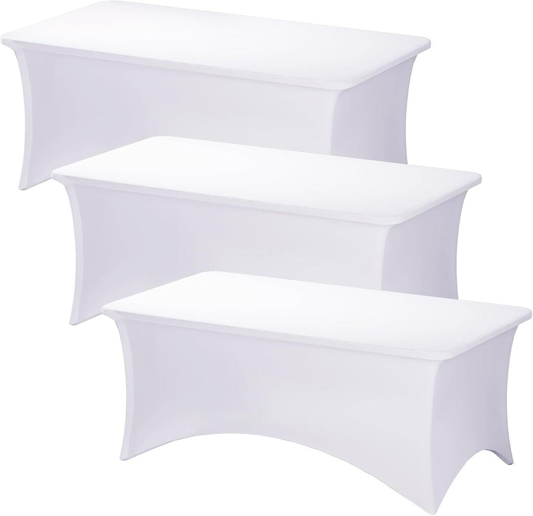 Fixwal 3 Pack White Table Cloths Rectangle 6FT, Tablecloths Rectangular Stretch Spandex Fitted Table Covers 6 ft for Parties, Trade Shows, Banquet, Weddings, Buffet, Graduation Decorations