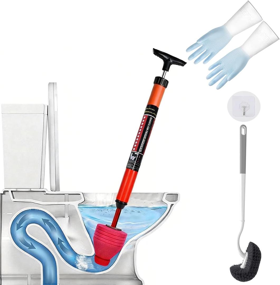 Toilet Plunger Set - High Pressure Toilet Plunger for Bathroom, Toilet Brush, Rubber Gloves - Powerful Air Drain Unclogger & Heavy - Duty Clog Remover for Bathroom Drains and Pipes
