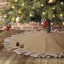 Burlap Christmas Tree Skirt 48'', Large Fall Tree Skirt with Ruffle Border, Rustic Farmhouse Christmas Decorations Ornaments, Brown Linen Tree Mat for Autumn Thanksgiving Country Home Decor