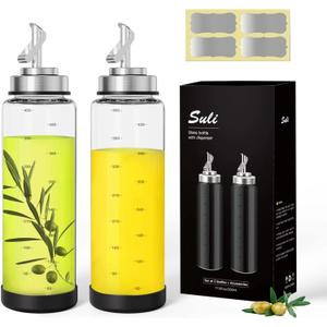Suli Glass Olive Oil Dispenser Bottle -2 Pack17oz Oil and Vinegar Cruet Set with Steel Spouts and Labels for Kitchen Cooking, Salad Dressing, and BBQ (Silver)