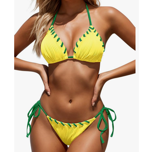 Women Two Piece Bikini Swimsuit Color Block Bathing Suits Halter Triangle String Bikini Sets, Large, Yellow Green 