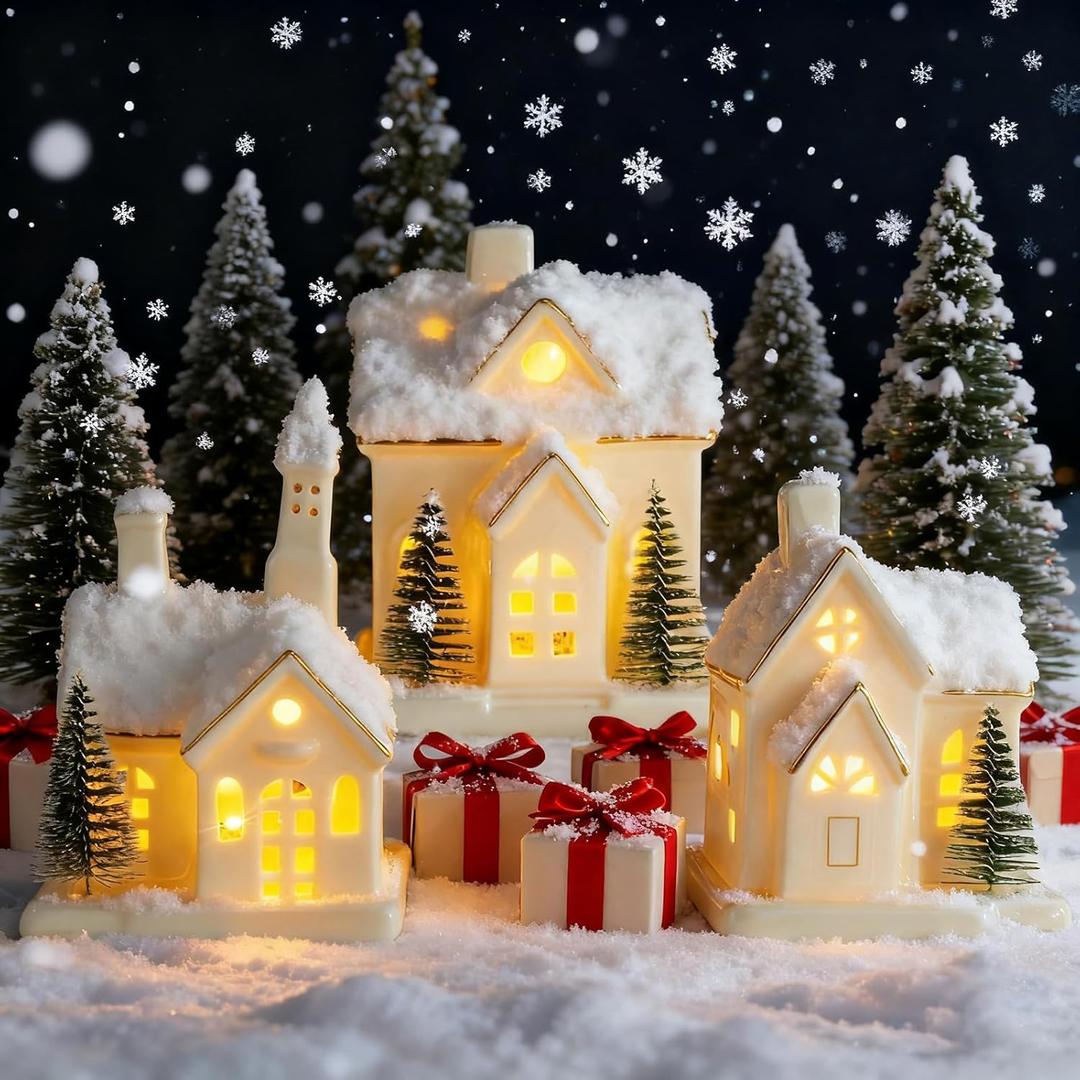 GARKALY Timer: White Ceramic Christmas Village Houses, 3Pcs Light Up Christmas Village Sets with 4Pcs Trees, LED Lighted Tabletop House Figurines for Home Decor, Winter Holiday, Xmas Gift