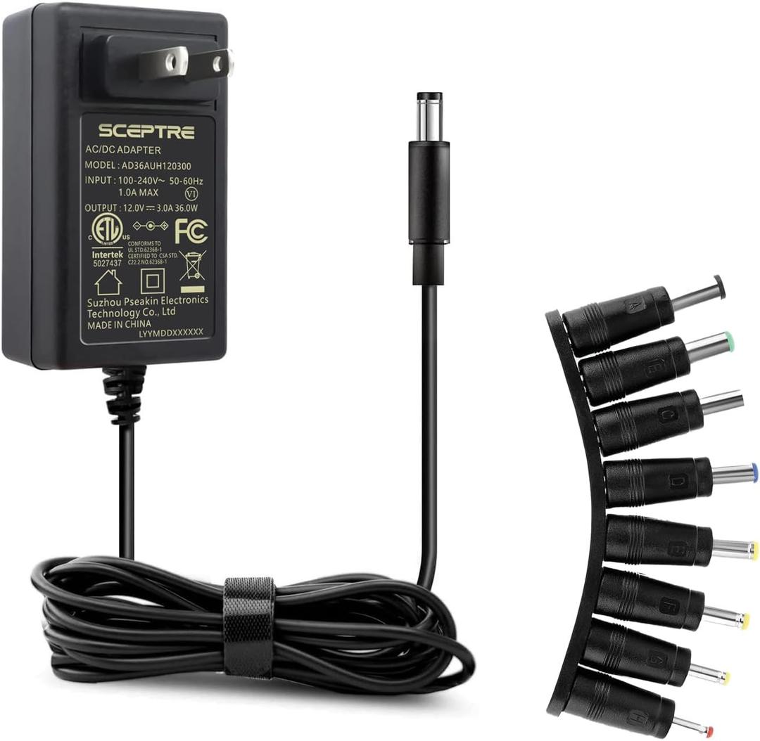 Kado Power Adapter 12V-3A 2.5A 2A 1.25A 1A AC/DC Power Cord 5.5x2.1mm with 8 Tips Made for Sceptre Monitor, Echo Smart Speaker & Display, Webcam, Router, Mini PC, Projector, CCTV, Bluetooth Speaker