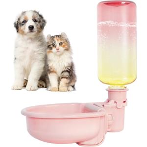 VANNON 16oz Pet Water Bottle, Gravity Dog Water Bowl Dispenser for Cage, Anti-Overflow Water Dispenser for Small Dogs, Cats, Rabbits and Other Small Animals, BPA Free, Gradient Pink