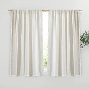 RoomTalks White Boho Farmhouse Kitchen Curtains 54 Inch Length French Striped Modern Vintage Chic Textured Tassel Charcoal Short Cafe Curtains for Small Window Kitchen Bathroom Decor