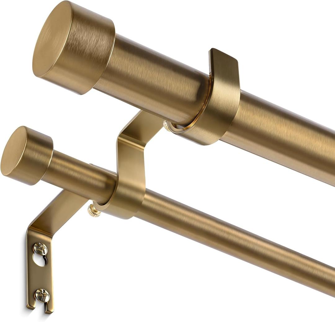 Warm Gold Double Curtain Rod, Brass Extra Long Dual Curtain Rods for Windows 72 to 144 Inch, 1 Inch Adjustable Heavy Duty Spliced Double Rod, Pro-Plating Process, Aluminium Finials